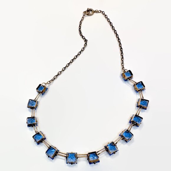 Vintage Art Deco Necklace Sterling Silver: Antique, Blue Glass Faceted - Picture 3 of 6